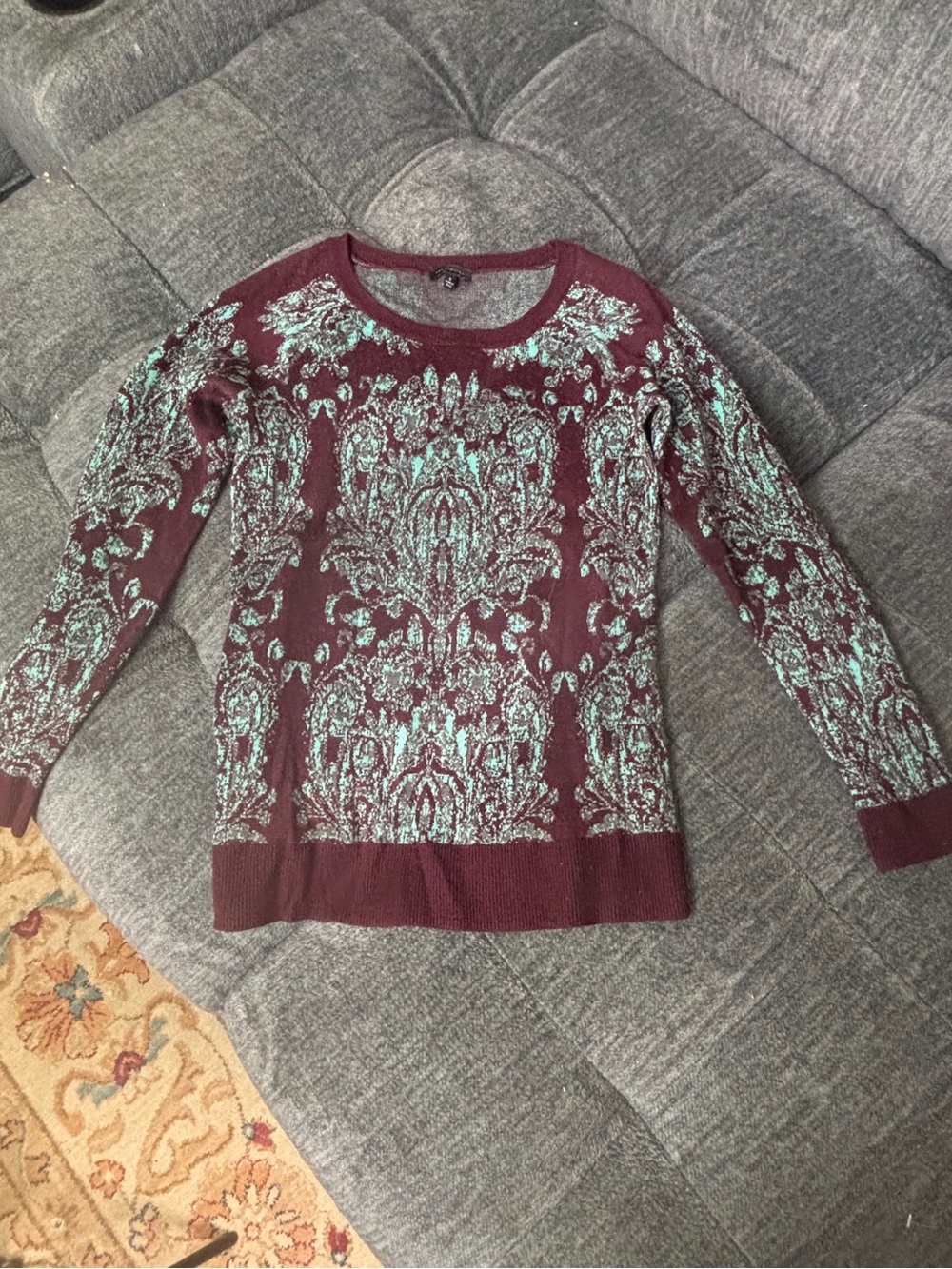 The Limited Burgundy Sweater with Teal Damask Motif